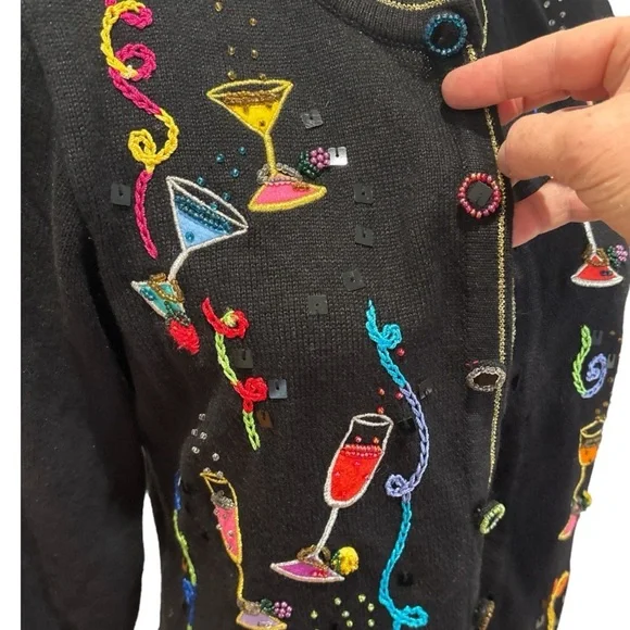 80s BERER 2 BLACK & MULTI-COLOR COCKTAILS HOUR W STREAMERS CARDIGAN SWEATER SZ S - Picture 8 of 12